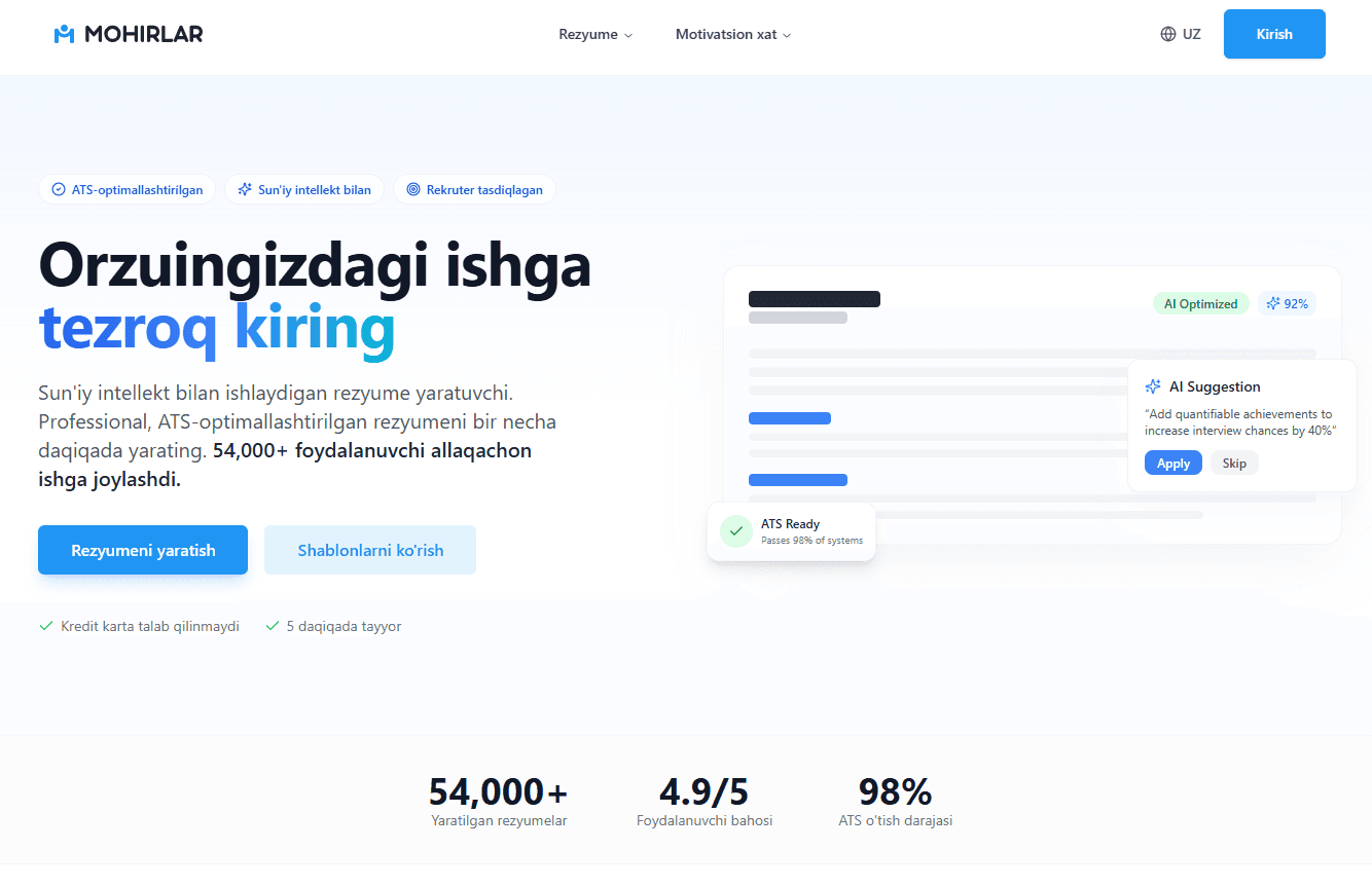 Screenshot of Rezyume Yaratuvchi project